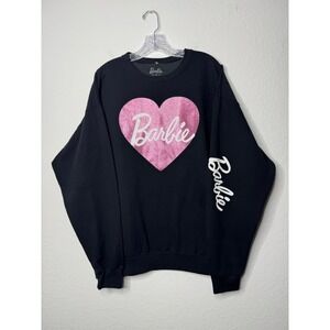 Barbie Womens Black Crewneck Sweatshirt‎ Pink Glitter Heart Logo XL Mattel